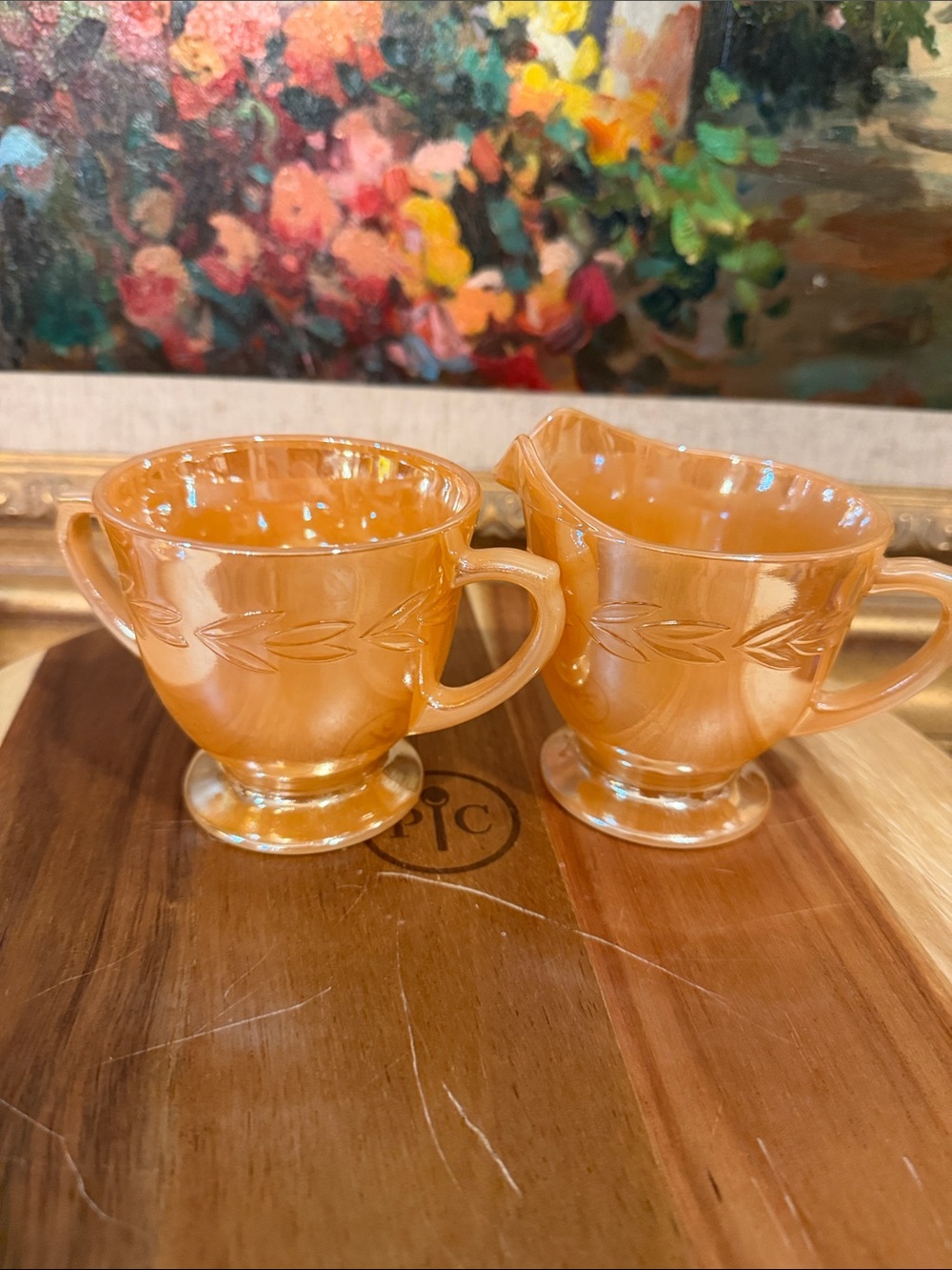 Fire King Peach Lustre Creamer and Sugar Set - Elegant Carved Detail